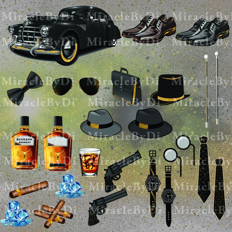 Op de afbeelding: Een verzameling vintage-ge&iuml;nspireerde accessoires, waaronder een zwarte auto, een hoge hoed, een strikje, een zonnebril, een aktetas, een fles bourbon whiskey, een fedora, een paar pistolen, een horloge, een stropdas, een bril, een glas whiskey, sigaren en ijsblokjes.