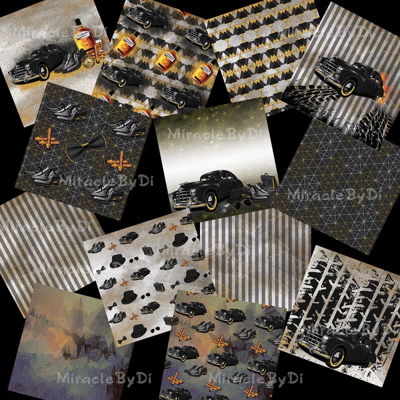 Puede incluir: Un collage de papeles digitales con dise&ntilde;os de coches antiguos, zapatos, sombreros y pajaritas. La paleta de colores incluye negro, dorado y gris, con texturas como rayas, patrones geom&eacute;tricos y efectos grunge. El texto "Miracle By Di" es visible.