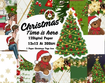 Paquete de papeles digitales navideños, álbumes de recortes, regalos dorados (descarga digital)