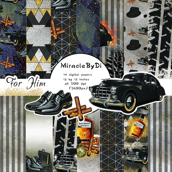 Mens Fashion Digital Paper Pack, Cars, Hats, Shoes (Digital Download)