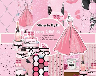 Fashion Illustration,Balloons,Champagne, Pink Floral, Party Graphics,Gifts,Books, Love Papers
