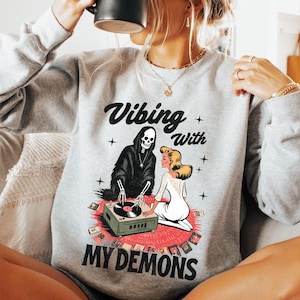 Vibing With My Demons Halloween Sweatshirt | Vintage Halloween Sweatshirt | Retro Halloween Sweatshirt For Women | Funny Halloween Crewneck