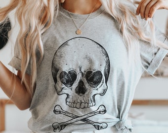 Heart Eyed Skull and Crossbones Shirt | Skeleton T shirt | Skeleton Shirt | Skull T shirt | Halloween T shirt | Womens Halloween Shirt