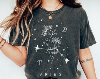 Aries Zodiac Shirt | Comfort Colors Tshirt | Aries Botanical Constellation Shirt | Aries Birth Flower Shirt | Aries Birthday Gift