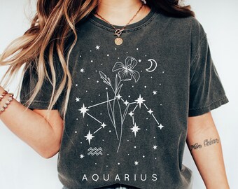 Aquarius Zodiac Shirt | Comfort Colors Tshirt | Aquarius Botanical Constellation Shirt | Aquarius Birth Flower Shirt | Birthday Gift
