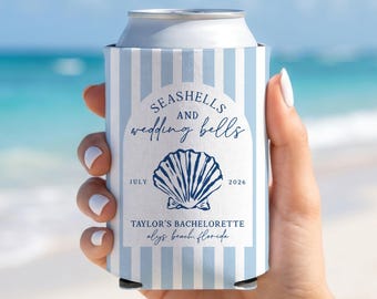 Seashells and Wedding Bells Personalized Bachelorette Can Coolers | Coastal Bachelorette Party Favors | Beach Bachelorette Can Coozies