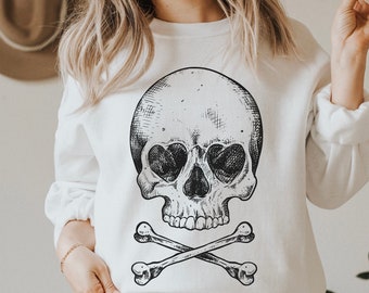 Heart Eyed Skull and Crossbones Sweatshirt | Skeleton Sweatshirt | Skeleton Sweater | Womens Skull Sweatshirt | Halloween Sweatshirt Vintage