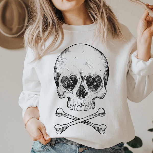 Heart Eyed Skull and Crossbones Sweatshirt | Skeleton Sweatshirt | Skeleton Sweater | Womens Skull Sweatshirt | Halloween Sweatshirt Vintage