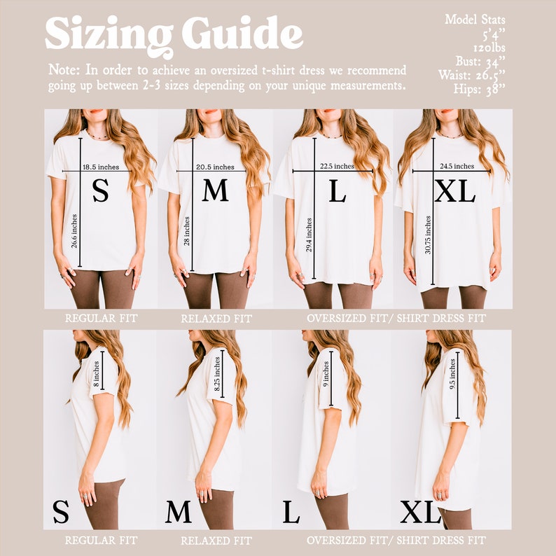 K&ouml;nnte beinhalten: Gr&ouml;&szlig;entabelle f&uuml;r ein &uuml;bergro&szlig;es T-Shirt-Kleid, mit Modellen in den Gr&ouml;&szlig;en S, M, L und XL. Die Ma&szlig;e sind in Zoll. Die Tabelle zeigt Vorder- und Seitenansichten mit Angaben zu den Passformen. Modelldaten sind angegeben.
