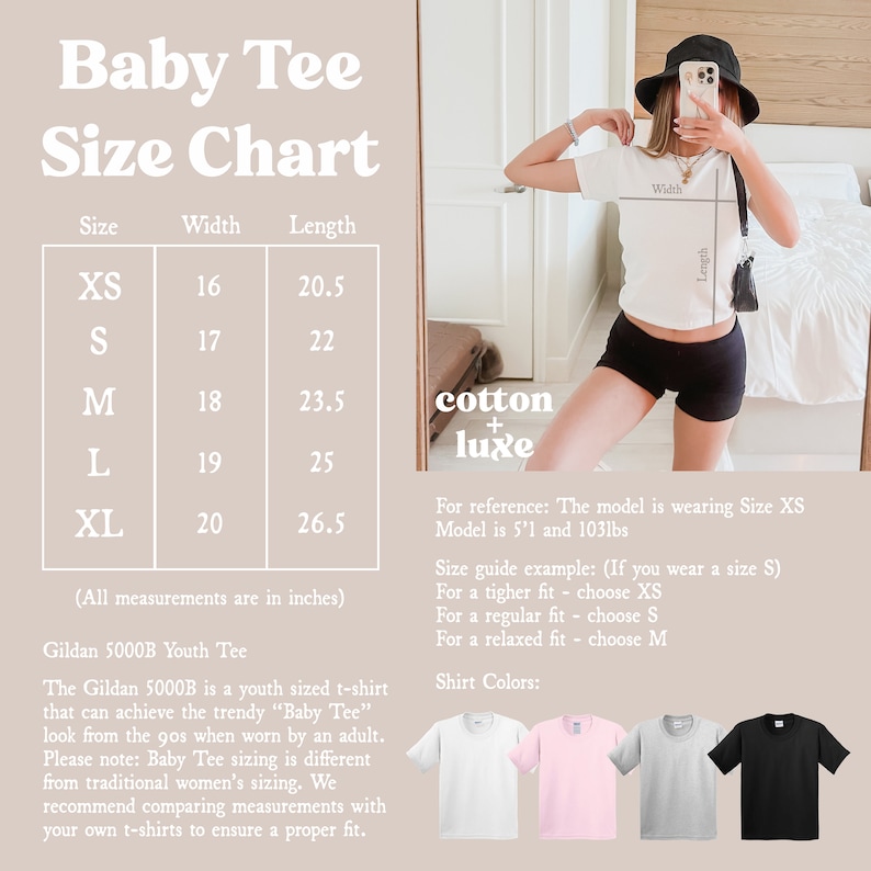 May include: White baby tee size chart with measurements in inches. The chart includes sizes XS to XL, with width ranging from 16 to 20 inches and length from 20.5 to 26.5 inches. The image also shows a model wearing a white tee.