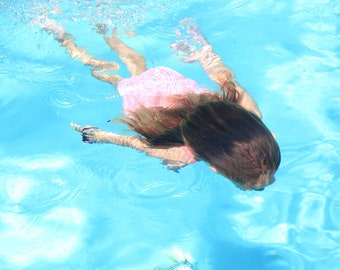 Girl in Blue Pool, Daytona Beach Florida, Vacation Travel Photo, Fine Art Wall Decor Photograph, Pink and Blue, Swimming Color Print, Ocean