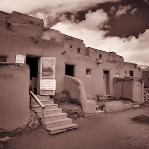 Taos Pueblo, Santa Fe, Sepia, native, Ghost Ranch New Mexico Georgia O&#39;Keeffe, SouthWest Fine Art Wall Decor Print Black White Indian