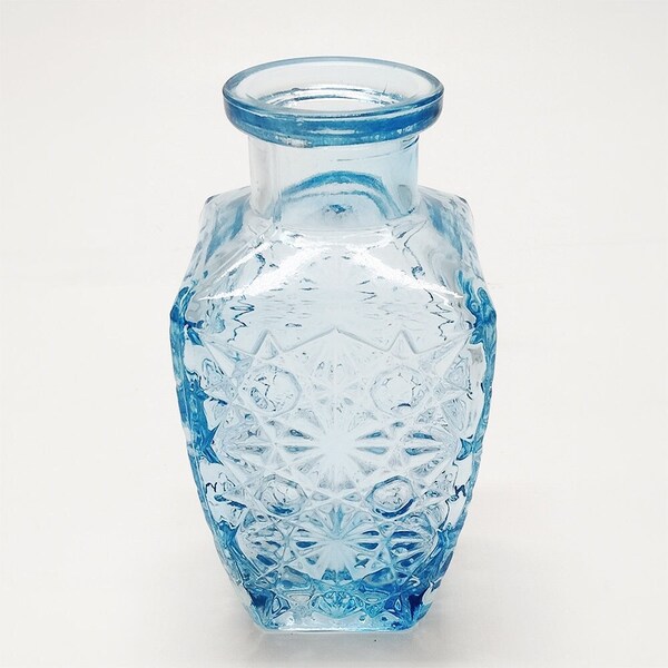 Blue Star Cut Vintage Style Colored Glass Square Decorative Jar / Bud Vase Height = 5.25 in