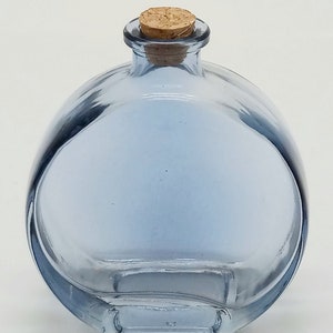 Mini Light Blue Colored Glass Round Canteen Style Medicine Apothecary Jar / Bud Vase with Cork Height 4 in