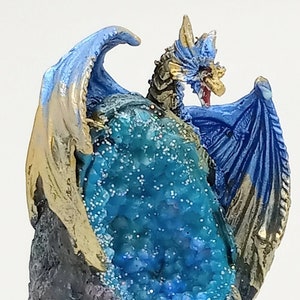 Purple & Gold Dragon Figurine on a LED Resin Crystal Geode Height 4.75in