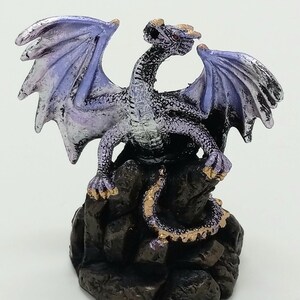 Roaring Medieval Purple Mini Dragon Figurine Sitting on Crystal Rock