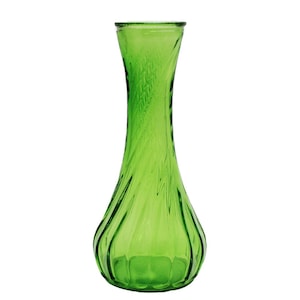 May include: A green glass vase with a swirl design. The vase has a narrow neck and a wide base.