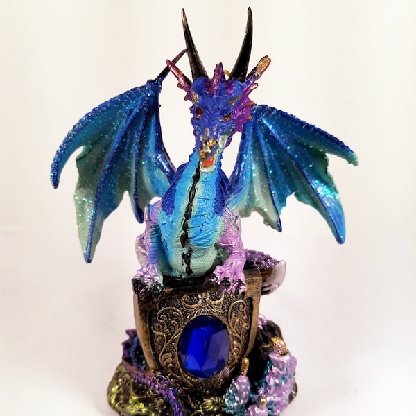 Blue Dragon Holding Shield with Gem on a Rock Collectible Figurine Statue