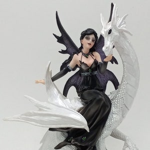 Dark Fairy Purple and Black Petting Her Favorite White Dragon Collectible Figurine Statue