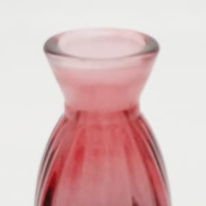 May include: A small, clear glass vase with a pink to purple ombre effect. The vase has a wide mouth and a narrow base.