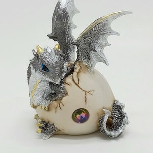 Silver Gray Baby Dragon Hatching from an Egg Collectible Figurine