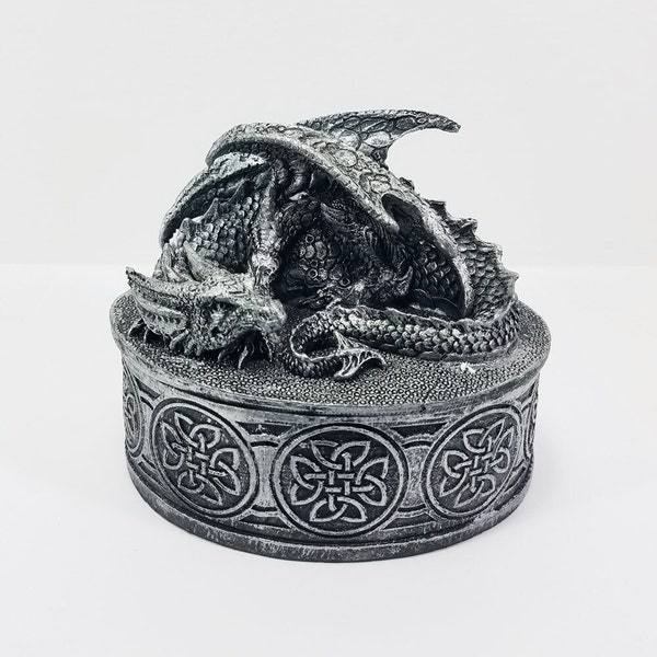 Silver and Black Dragon Trinket Box Oval Shaped Jewelry, Incense, Stash Box