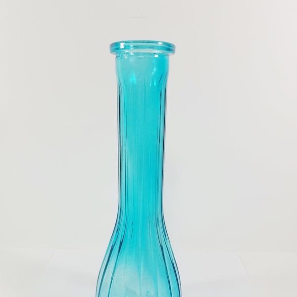 Blue Teal Colored Glass Genie Bulb Bottom Bottle, Bud, Vase, Decanter Height = 8.50 inches