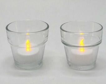 Glass Flowerpot Votive Set: Flameless Tealight Candles Included