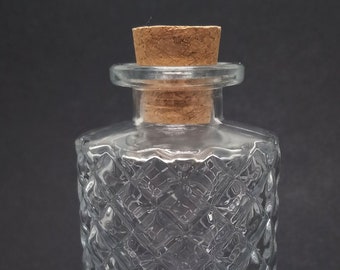 Clear Diamond Cut Vintage Style Glass Round Decorative Jar with Cork Height = 5.75 in