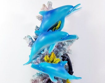 Marine Life Three Dolphins Figurine Statue Playing Around the Coral H = 9 in