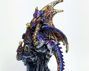 Blue Dragon Figurine Statue on Castle H 4.25 Inch Mini Colorful Powerful Dragon