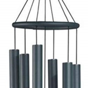 May include: A dark teal wind chime with six cylindrical tubes suspended from a circular top. A round teal disc hangs at the bottom. The wind chime is designed for outdoor decor.