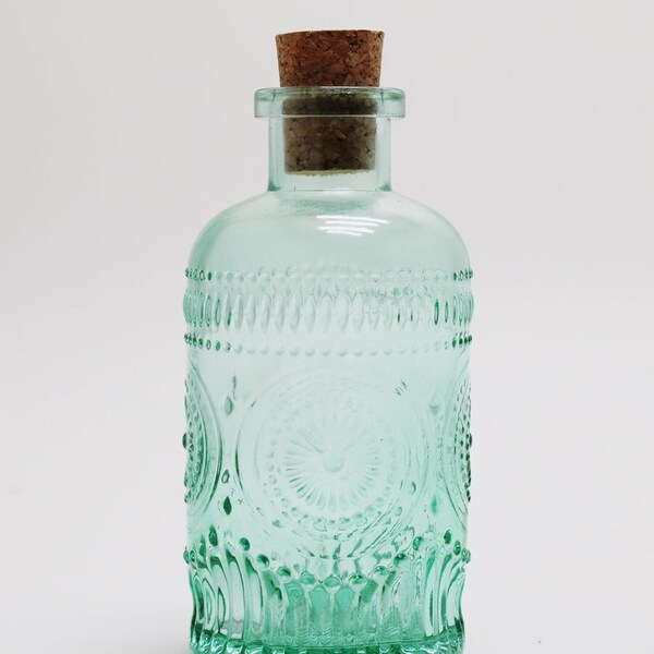 Clear Green Colored Glass Round Vintage Style Apothecary Bottle / Vase with cork Height = 5.75 in