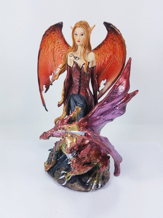 Red Fairy Pixie with Purple Dragon Fantasy Figurine
