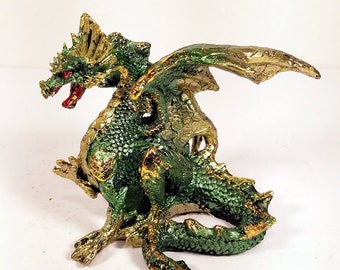 Multi-colored Medieval Mini Dragon Figurine Green and Gold Sitting Dragon 71679