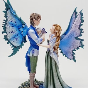 Blue Winged Fairy Family Figurine - Polyresin Collectible (10 Inches)