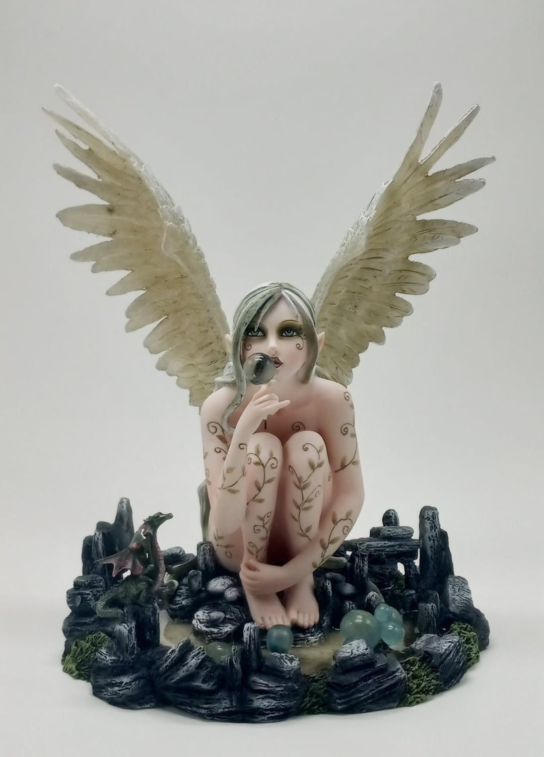 Sitting Nude White Winged Fairy With Pet Dragon Collectible Figurine
