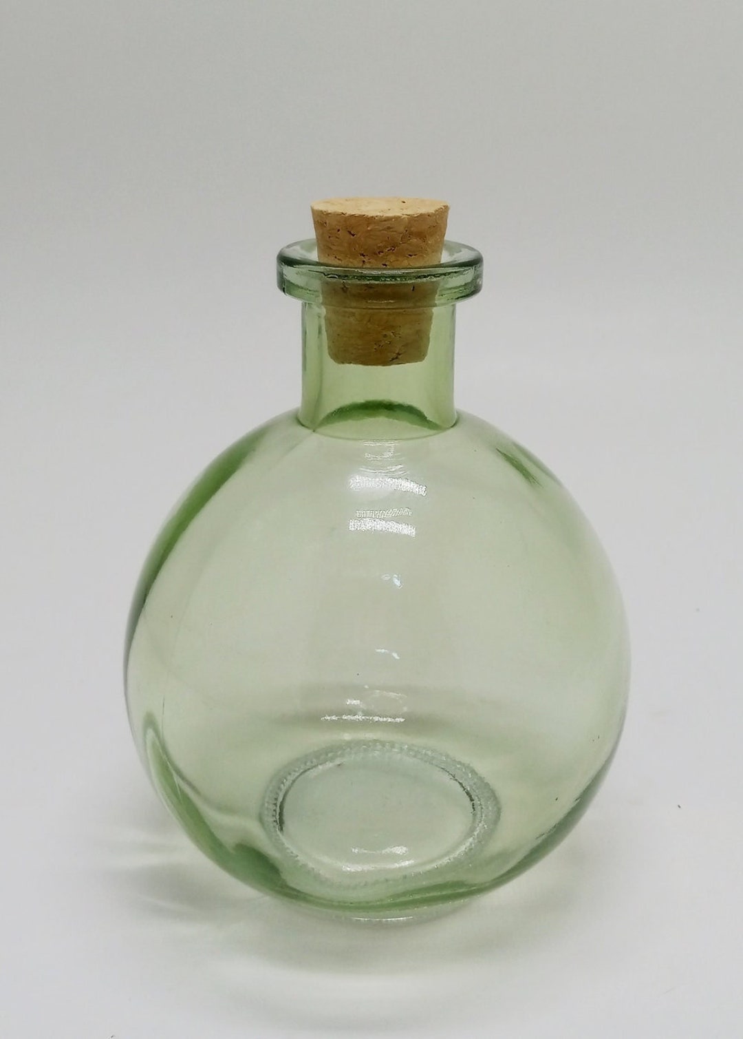 Small Clear Green Glass Bulb Bottom Bud Vase / Rooting Jar With Cork H
