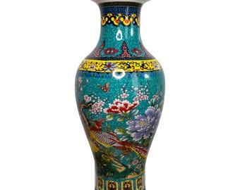 Ceramic Bohemian Vase Turquoise / Floral Decor, H = 14-inch Vintage Style TM / 815