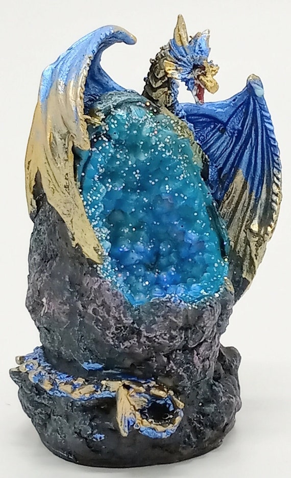 Purple & Gold Dragon Figurine on a LED Resin Crystal Geode Height 4.75in