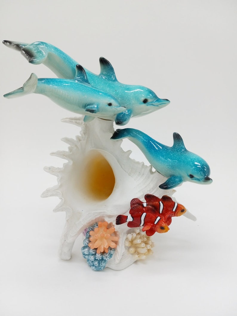 Marine Three Dolphins Swimming Around an LED Conch Shell / Etsy