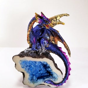Blue Multi Color Dragon Figurine on a Resin Crystal Geode 5.25&quot; High