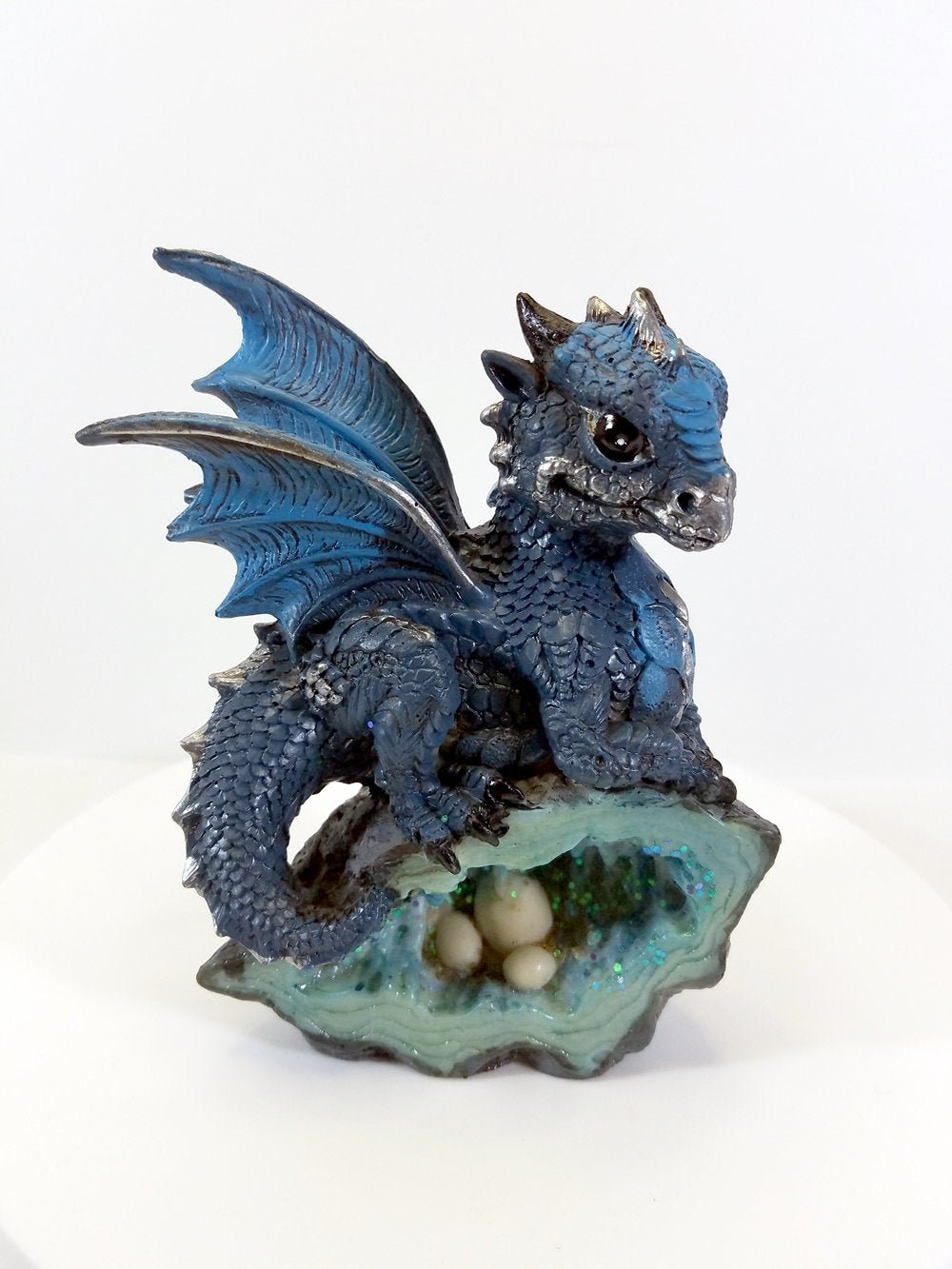 Blue Medieval Baby Dragon on a Crystal Egg Nest, Decorative