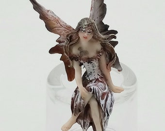 4.25" Inch Mini Winter Fairy Pixie with Brown and White Wings Sitting / Fantasy Magical Statue Figurine