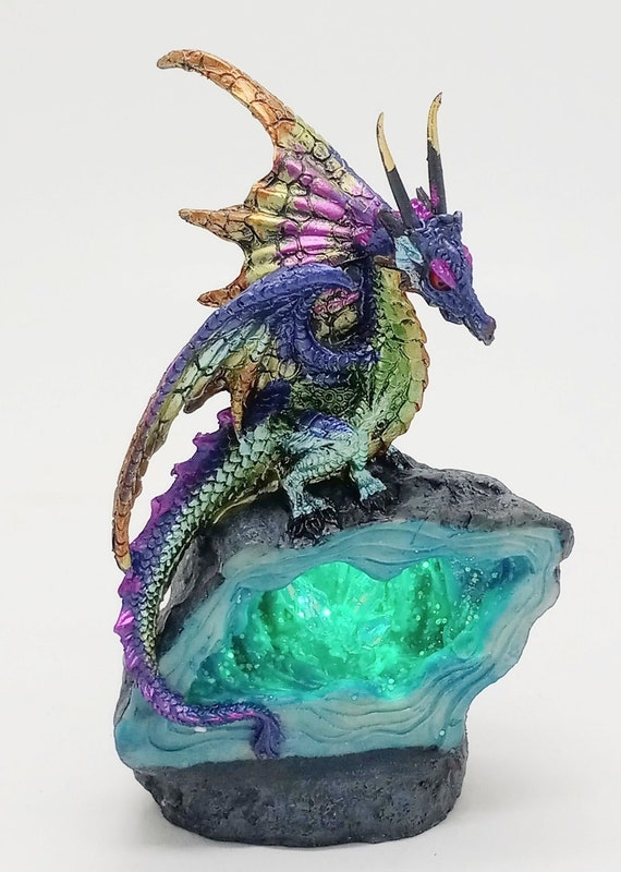 Purple Multi Color LED Dragon Figurine on a Resin Crystal Geode 6.5" High
