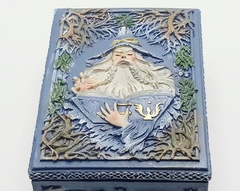 Powerful Wizard Trinket Box Square Shaped Jewelry Stash Box Height = 2.5in