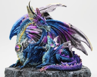 Blue Mom and Baby Dragon Collectible Figurine Statue Height = 6.5 in