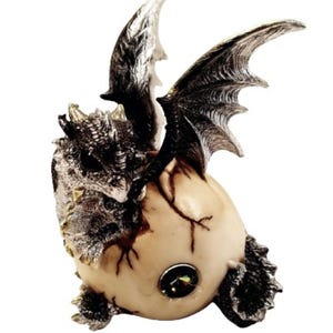 Silver Gray Baby Dragon Hatching from an Egg Collectible Figurine H = 6 in