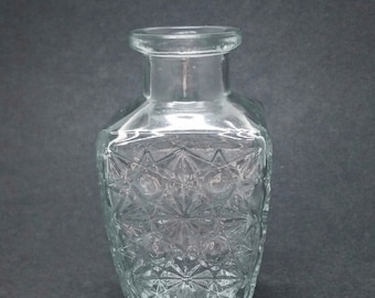 Clear Star Cut Vintage Style Glass Square Decorative Jar / Bud Vase Height = 5.25 in