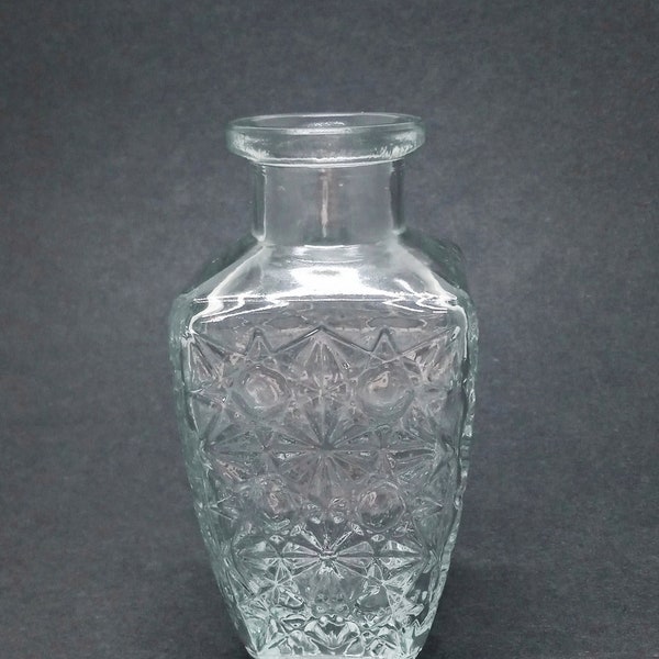 Clear Star Cut Vintage Style Glass Square Decorative Jar / Bud Vase Height = 5.25 in